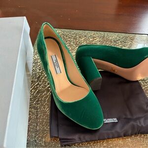 Prada Emerald Green Velvet Block Heel Pumps
